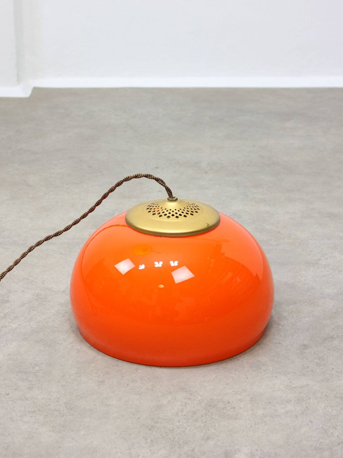 442.0 Mid Century Italian Pendant Lamp In Orange Glass And Brass photo