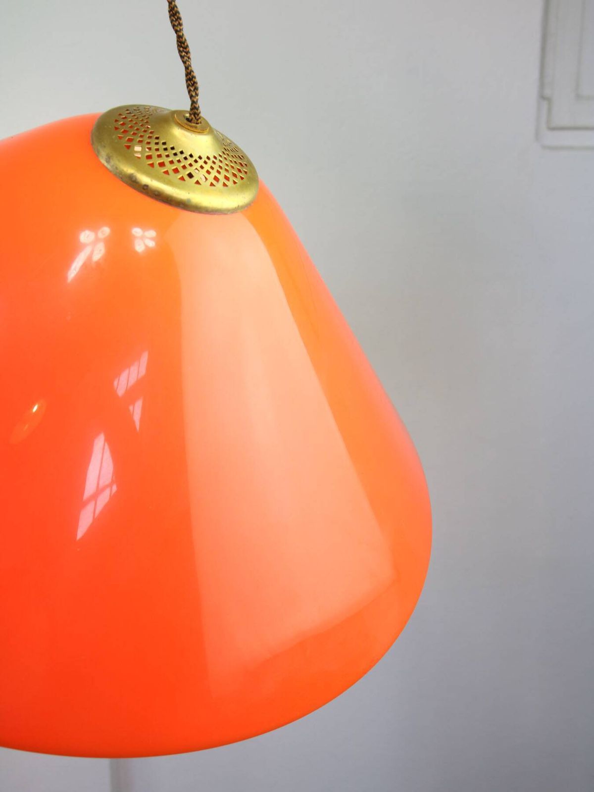 Mid Century Modern Italian Orange Plexiglass And Brass Pendant Lamp 1960s photo for sale