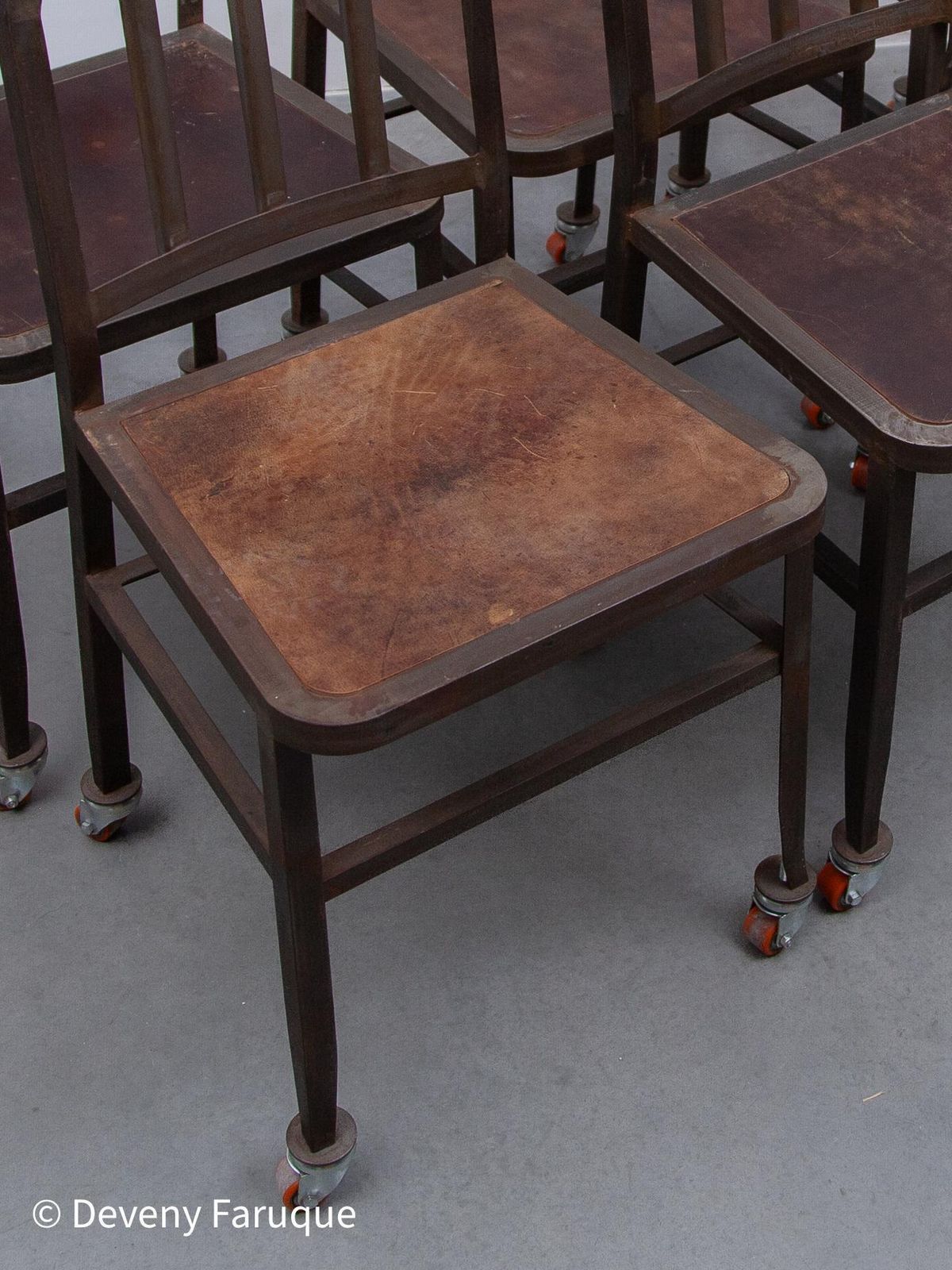 Furniture Vintage Set Of Six Emeco Navy Industrial Iron Chairs On Wheels With Wooden Seat photo
