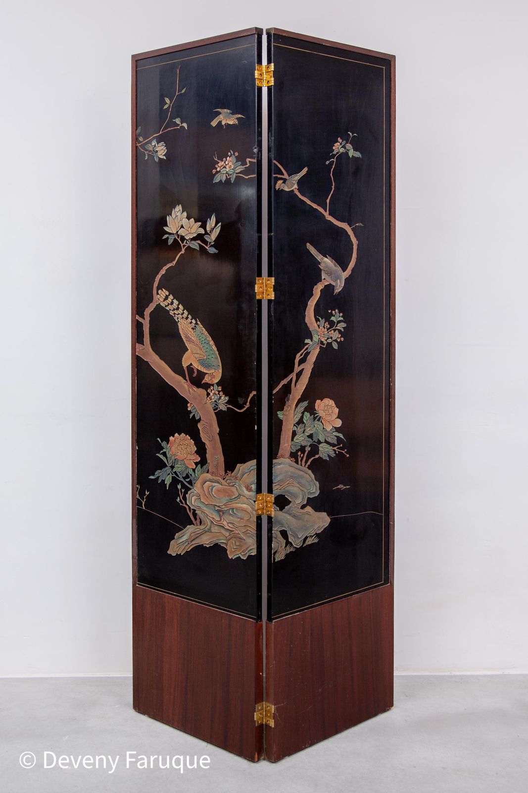 Midcentury Modern Chinese Four Panel Screen, Roomdivider With Landscape & Birds photo furniture