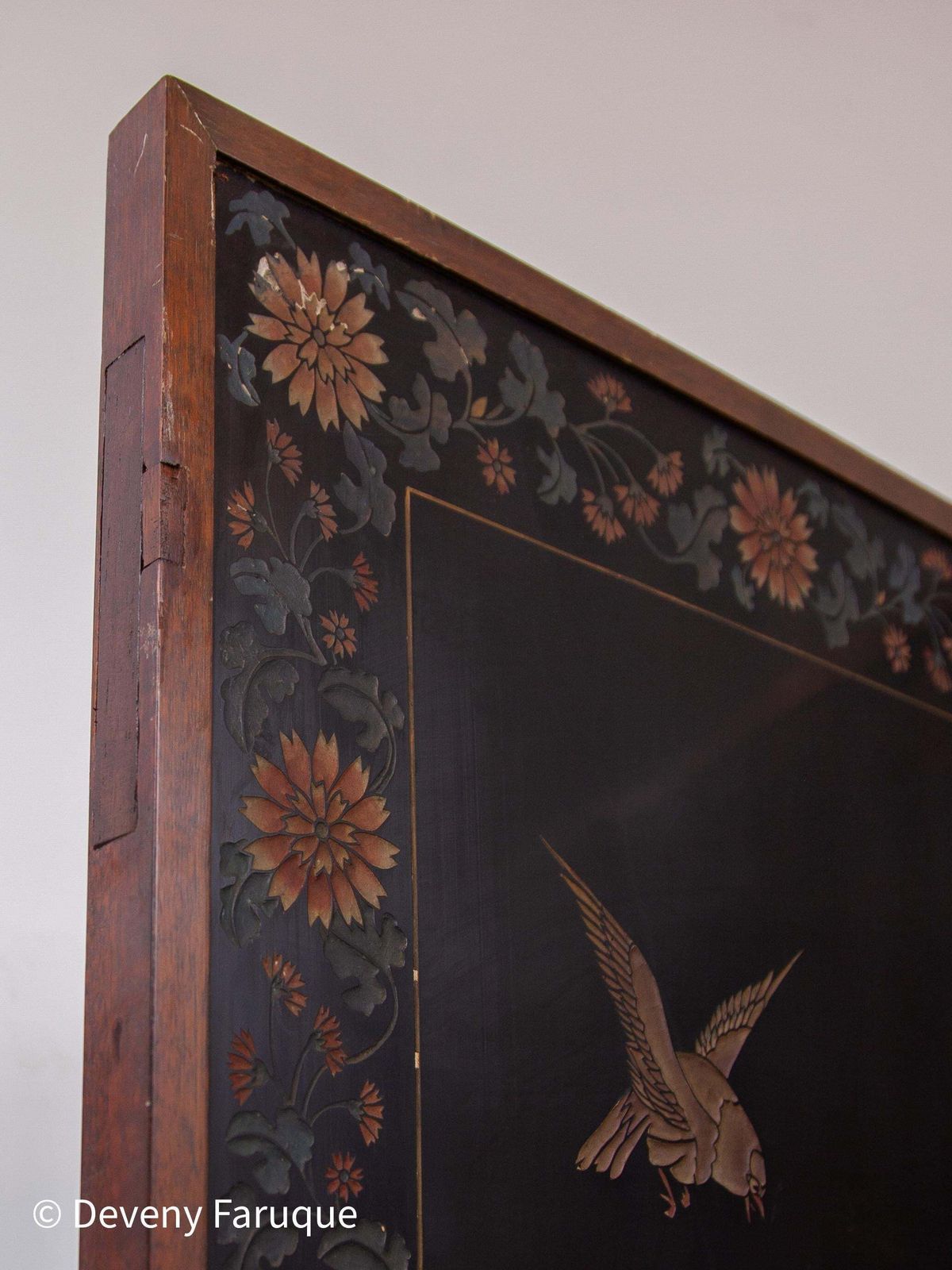 photo for sale Midcentury Modern Chinese Four Panel Screen, Roomdivider With Landscape & Birds