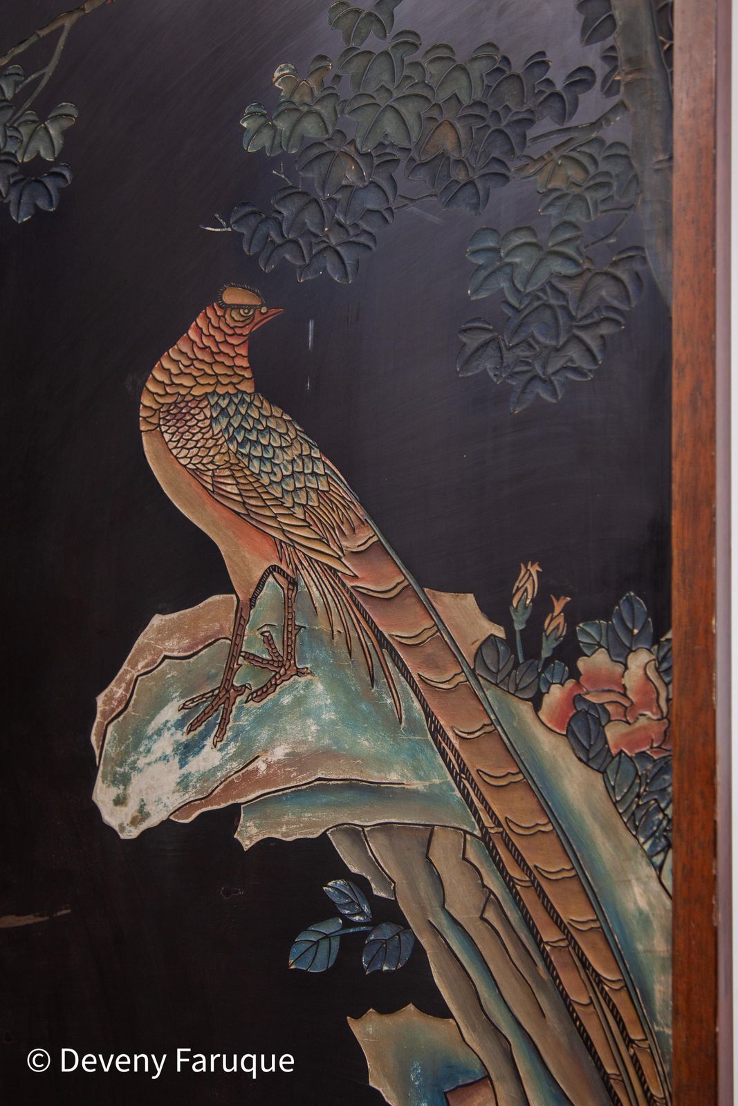 Home Decor Midcentury Modern Chinese Four Panel Screen, Roomdivider With Landscape & Birds photo