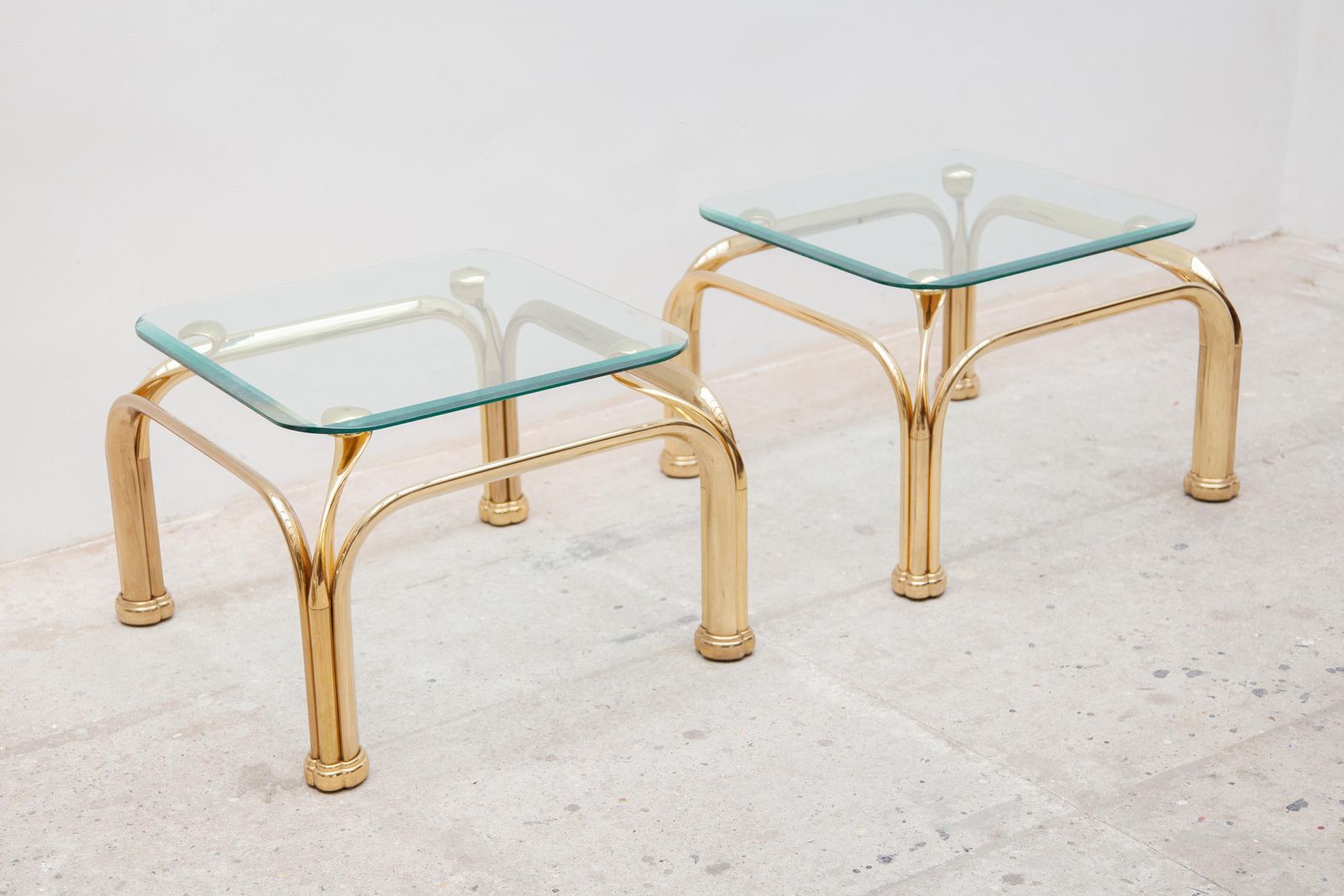 Set Of Two Brass Side Tables With Abstract Swan Neck photo for sale