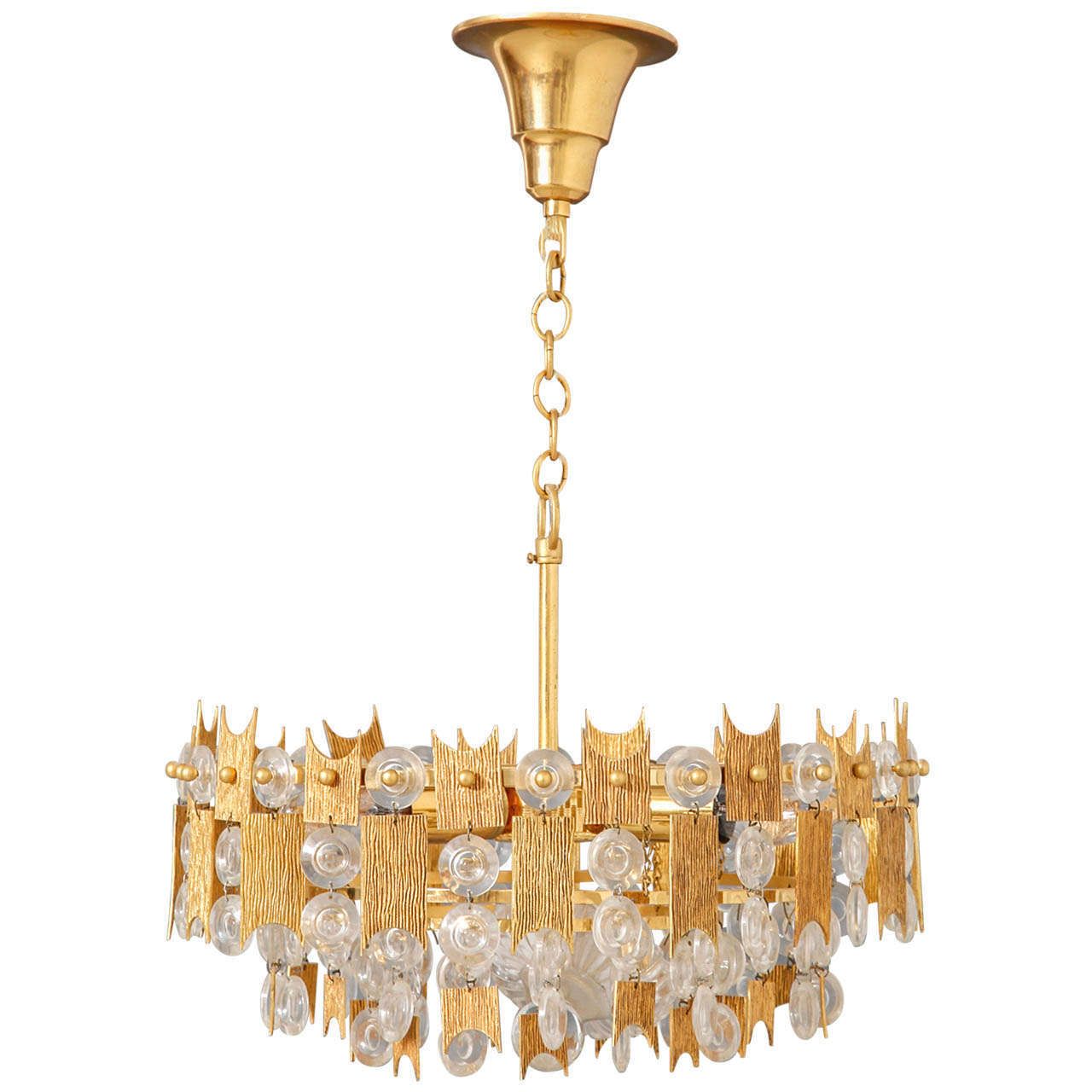Brutalist Gilt Relief Chandelier By Palwa, Germany 1970s