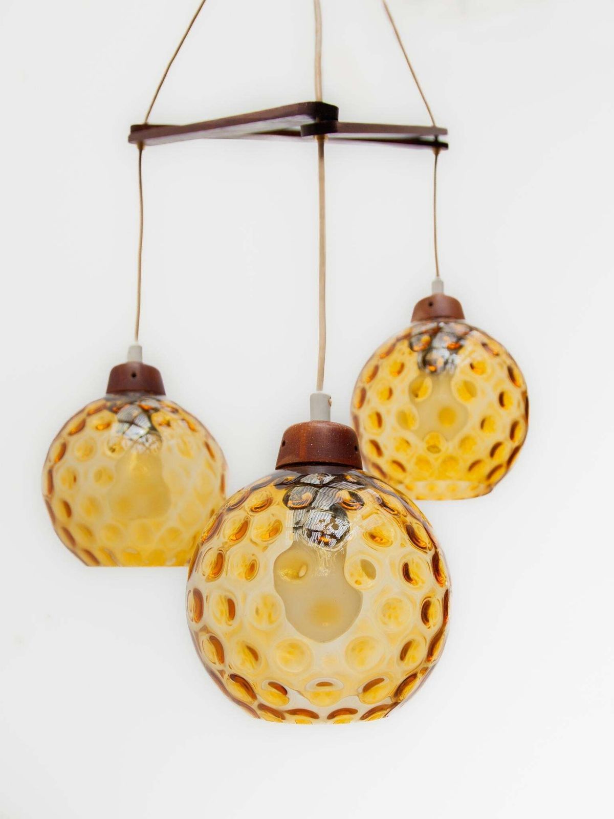 Teak And Amber Glass Bowls Cascade Chandelier Made In Denmark 1950s photo 1166.0
