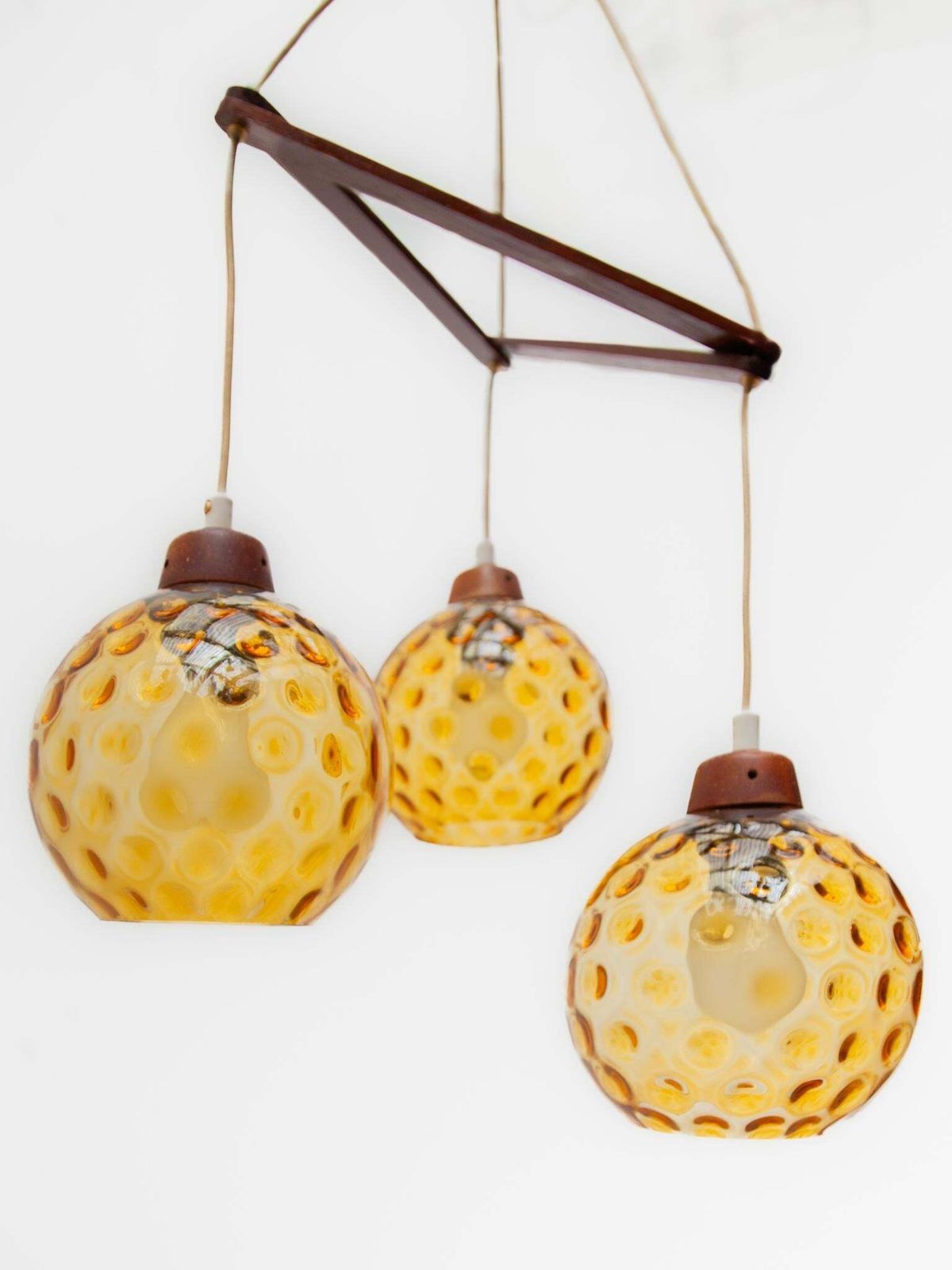 Teak And Amber Glass Bowls Cascade Chandelier Made In Denmark 1950s photo vinterior