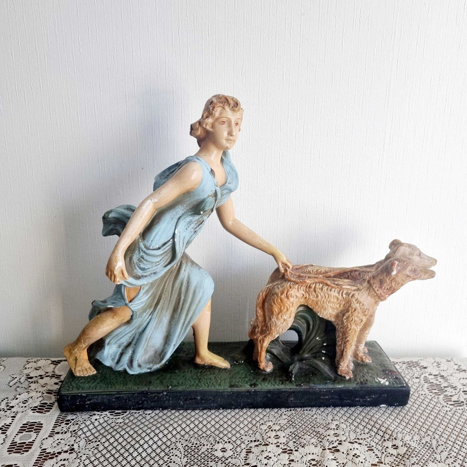 Very Large Italian Depose Art Deco Lady On Plinth With Dogs Figurine
