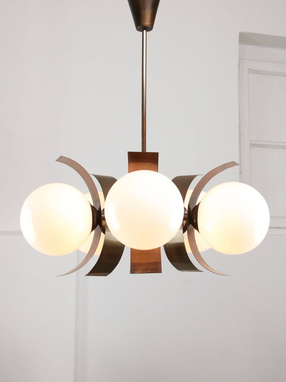 Vintage Italian Copper And Opaline Chandelier, 1970s photo 515.0