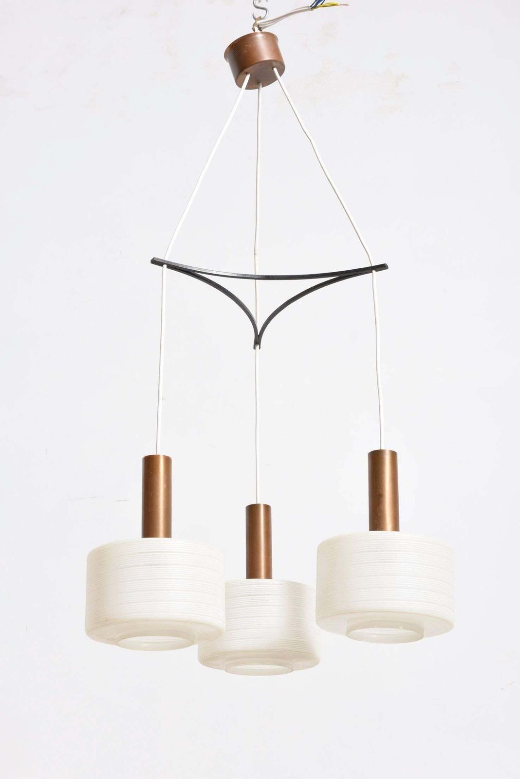Glass Brass Pendant Three Light Cylinder White Stripe Shades, Tapio Wirkkala photo furniture