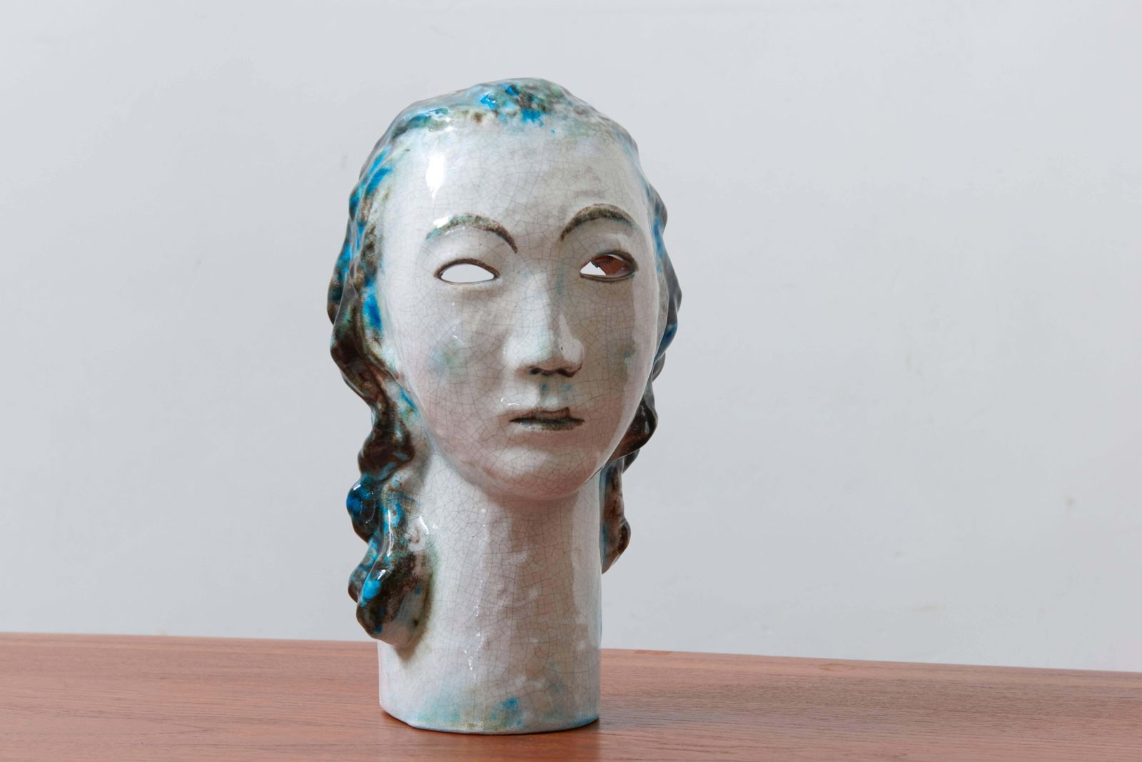 Unique Ceramic Portret Buste, Girl With Blue Hair By Erwin Spuler 1930s, Germany photo furniture