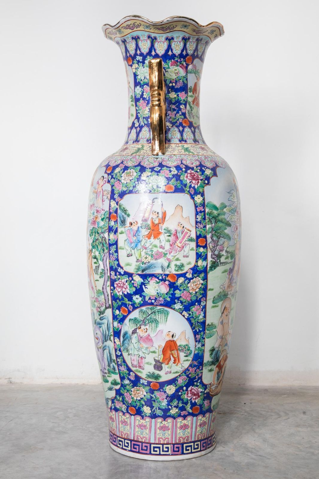 Polychrome Chinese Hunting Scene Large Porcelain Vase Rose Family, 1960s photo furniture