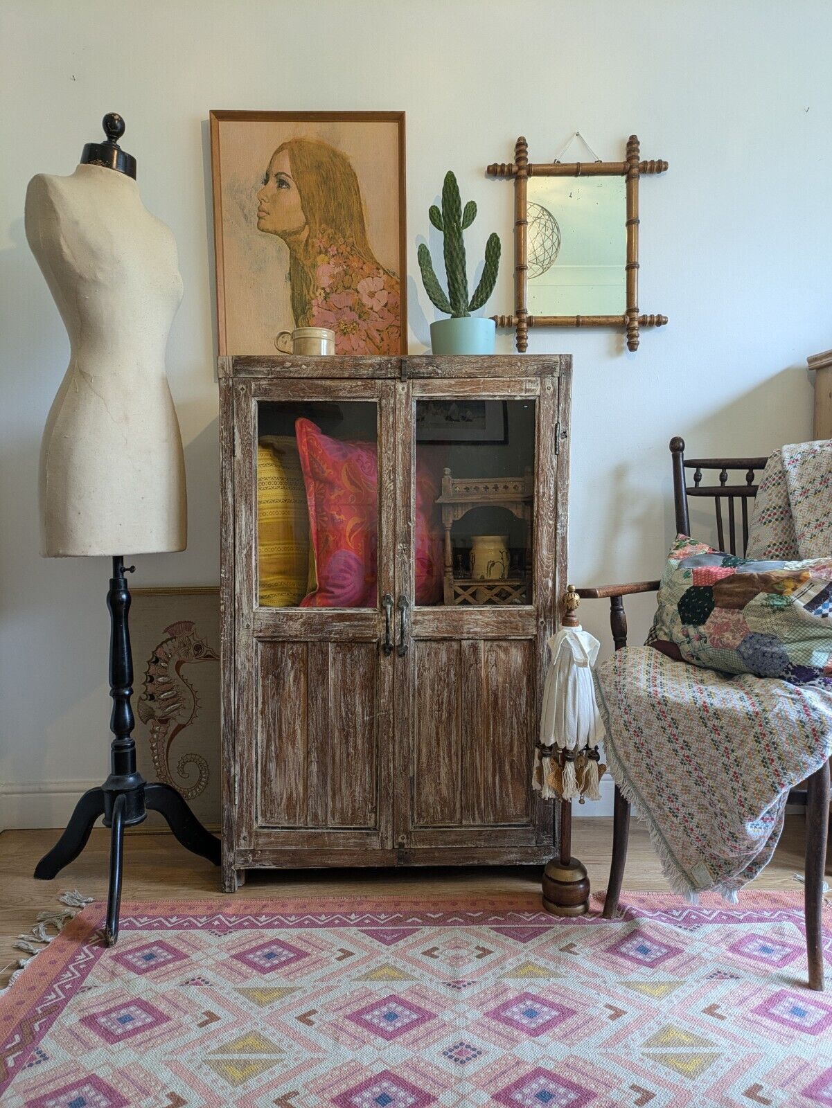 Restored Antique Vtg Wood Indian Cabinet Cupboard Paint Glazed Reclaimed Rustic