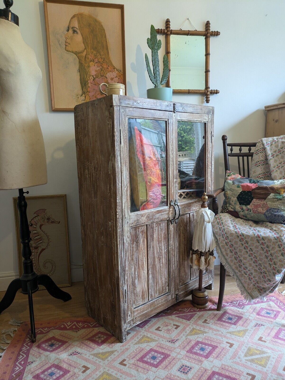 Restored Antique Vtg Wood Indian Cabinet Cupboard Paint Glazed Reclaimed Rustic photo furniture