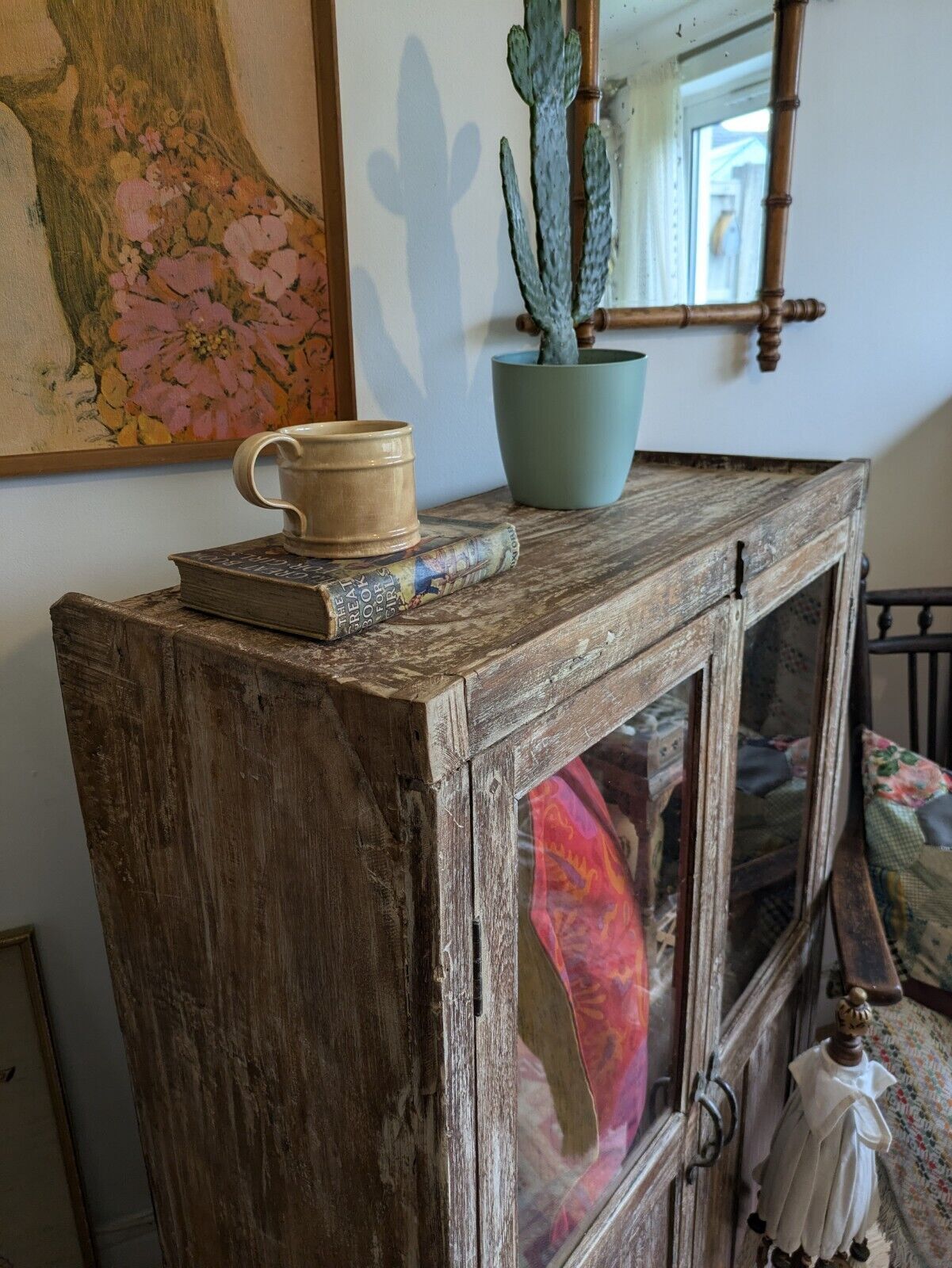 Restored Antique Vtg Wood Indian Cabinet Cupboard Paint Glazed Reclaimed Rustic photo Furniture