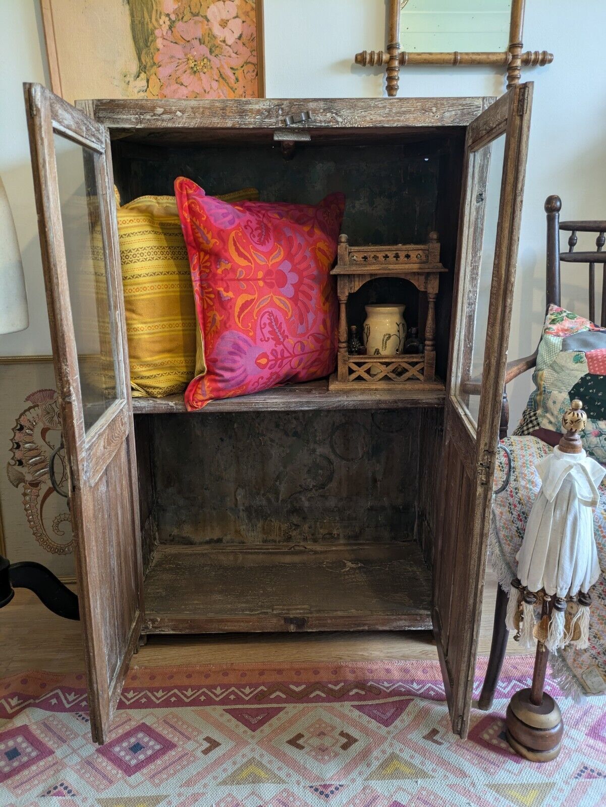Restored Antique Vtg Wood Indian Cabinet Cupboard Paint Glazed Reclaimed Rustic photo vinterior