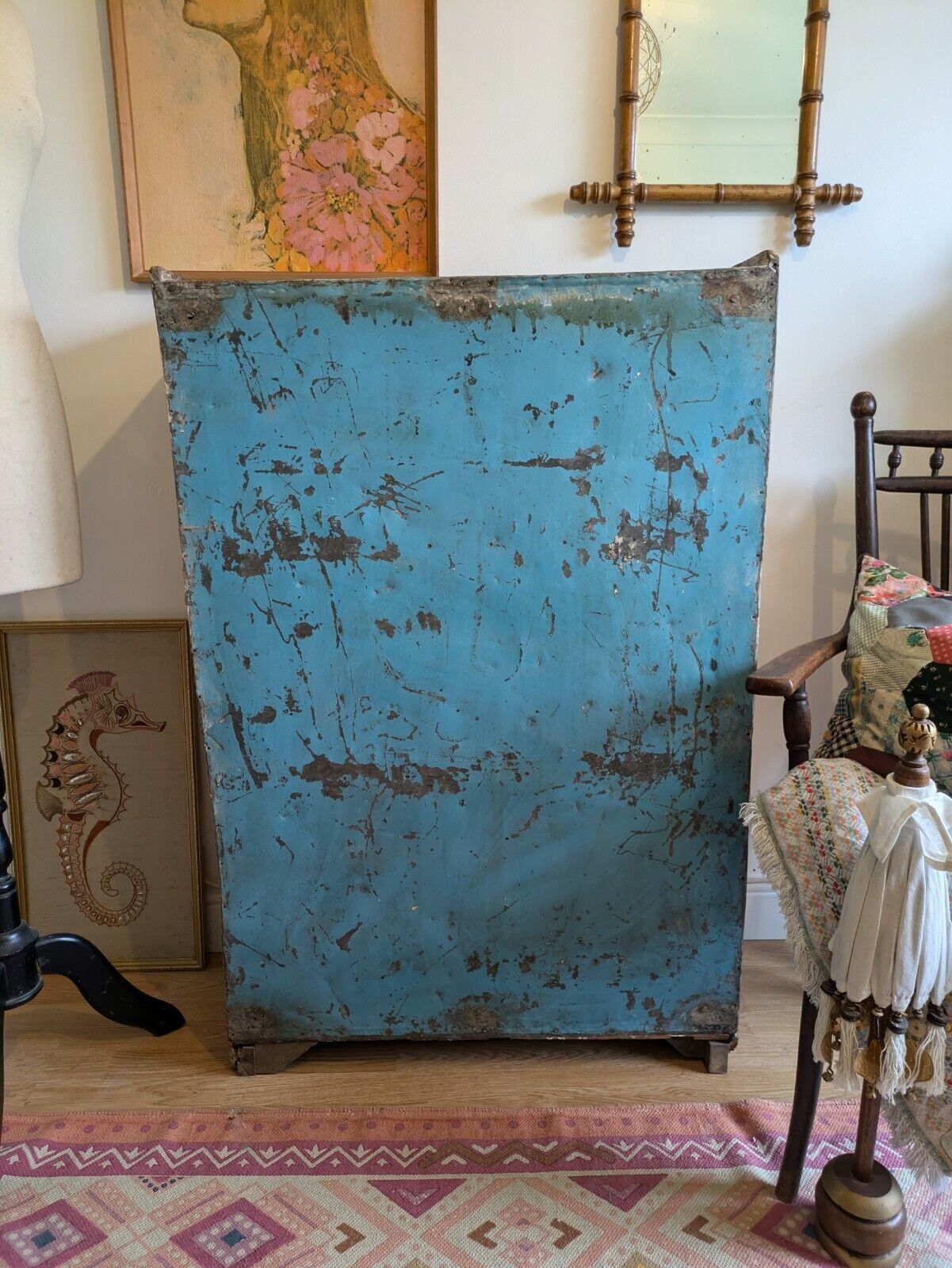 Restored Antique Vtg Wood Indian Cabinet Cupboard Paint Glazed Reclaimed Rustic photo vintage