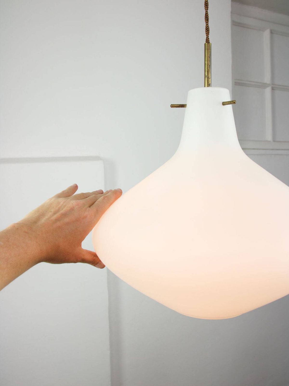 photo furniture Mid Century Italian Brass And Opaline Glass Pendant Lamp