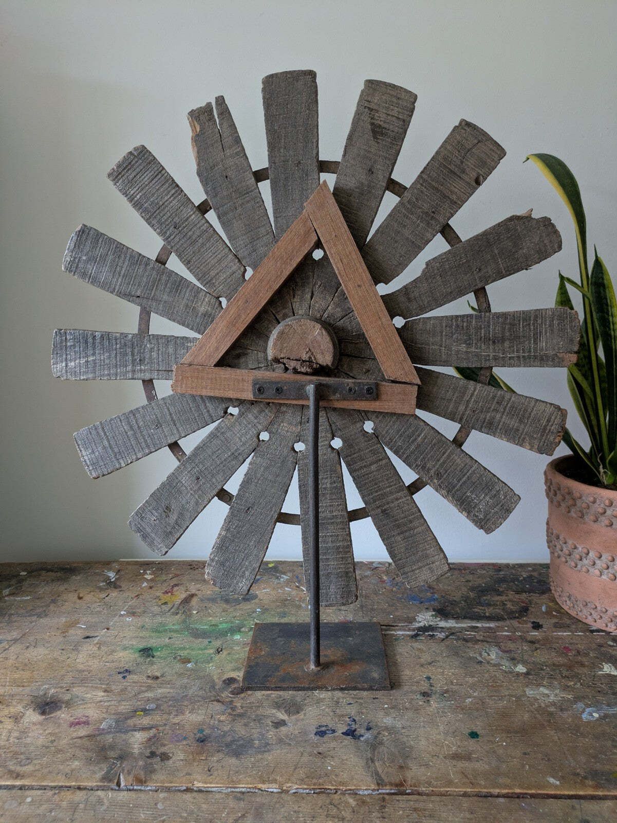photo for sale Vintage Rustic Antique Indian Silk Spinning Charkha Wheel Sculpture On Stand Vgc