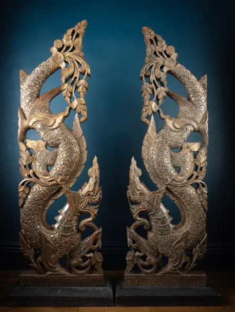 Large Carved And Gilded Pair Of Thai Temple Guardians photo for sale
