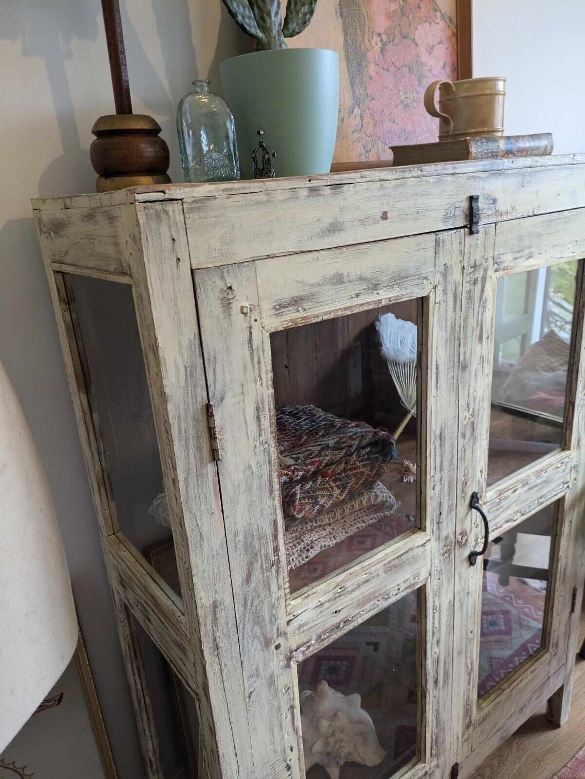 Restored Antique Vintage Indian Cabinet Cupboard Painted Glazed Reclaimed Cream photo Furniture