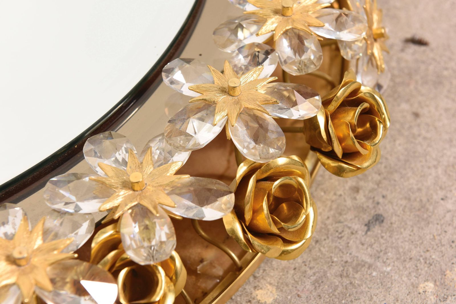 Sunburst Gilt Roses And Crystal Flowers Illuminated Mirror By Palwa, Germany photo for sale