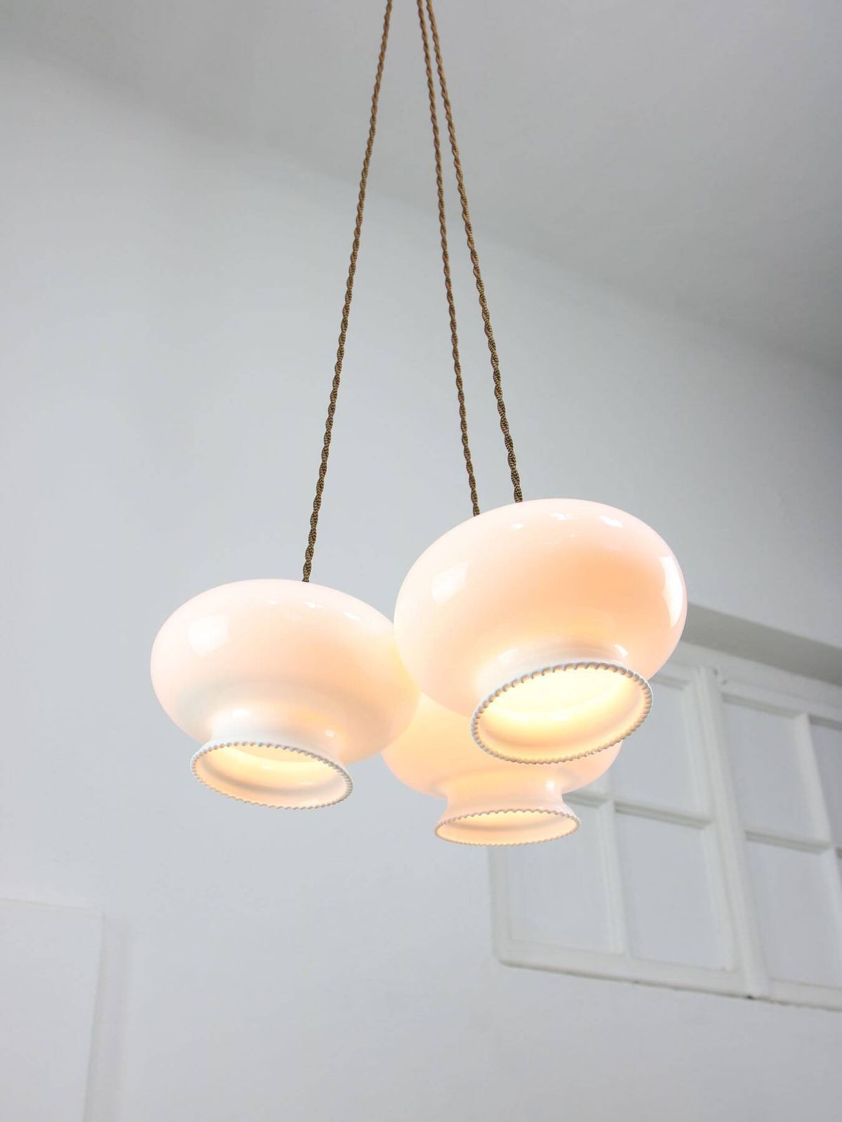 Mid Century Italian Opaline Glass & Brass Pendant Lamp, Set Of 3 photo furniture