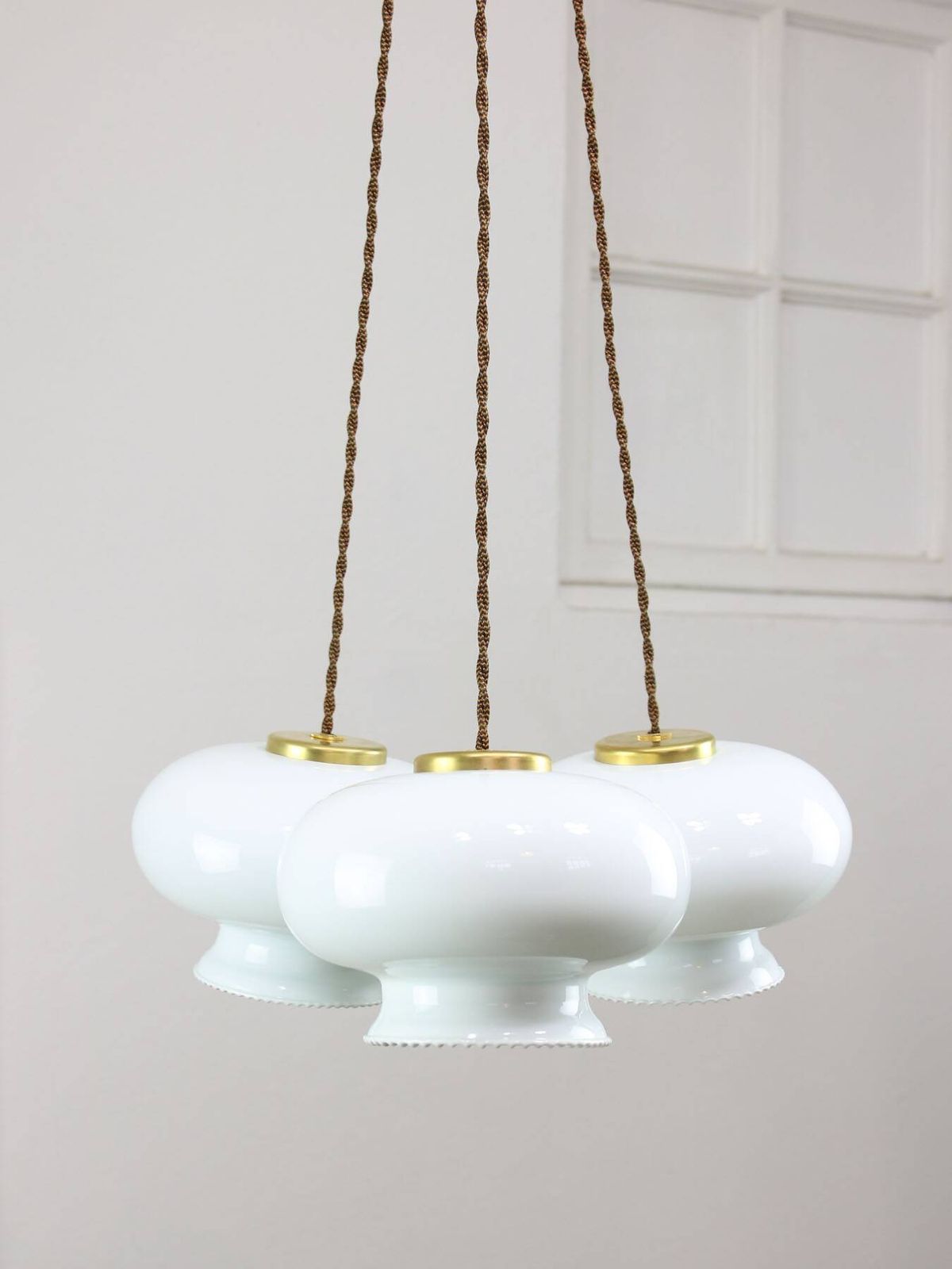 Mid Century Italian Opaline Glass & Brass Pendant Lamp, Set Of 3 photo buy
