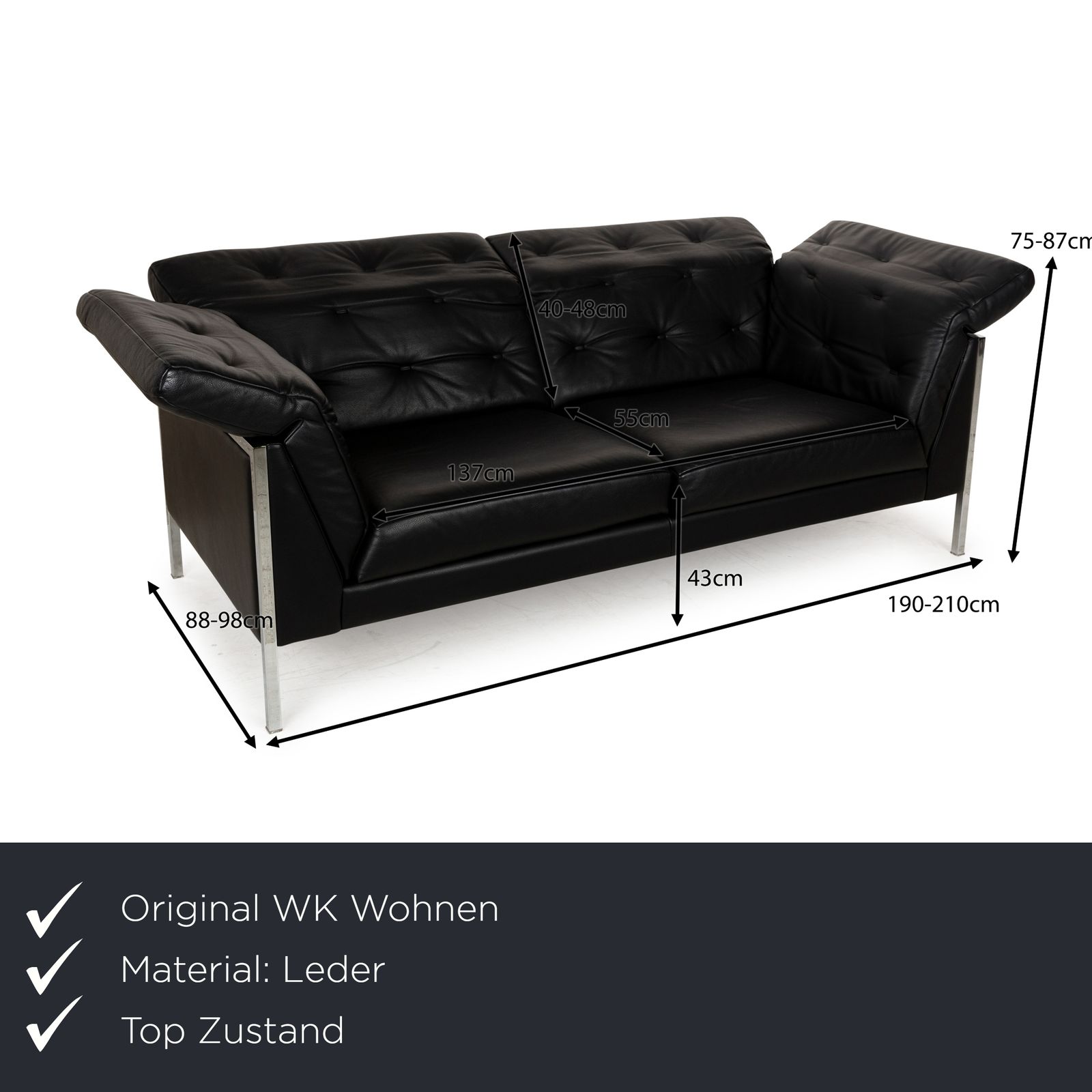 Canapé 2 places WK Wohnen en cuir noir, fonction manuelle photo furniture
