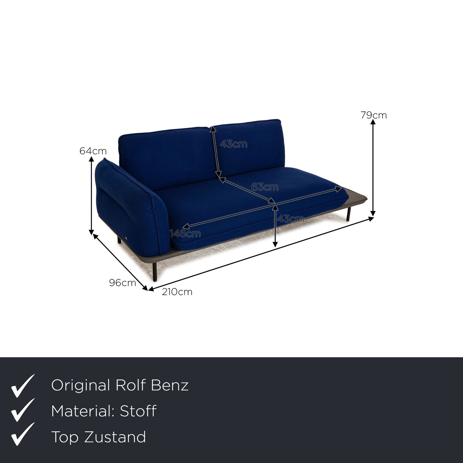 Canapé 2 places Rolf Benz 515 Addit en tissu bleu, structure en cuir photo furniture