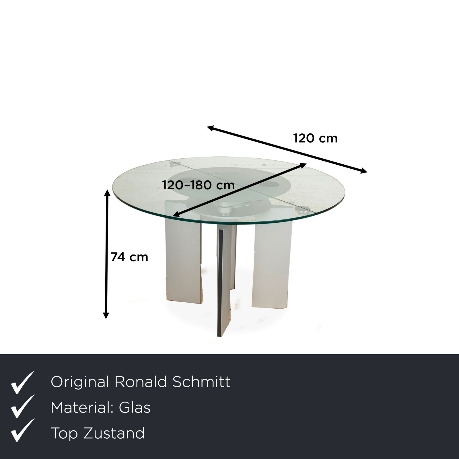 Table à manger Ronald Schmitt K / G 750 / E en verre argenté, fonction rallonge 120-180 x 120 cm photo furniture