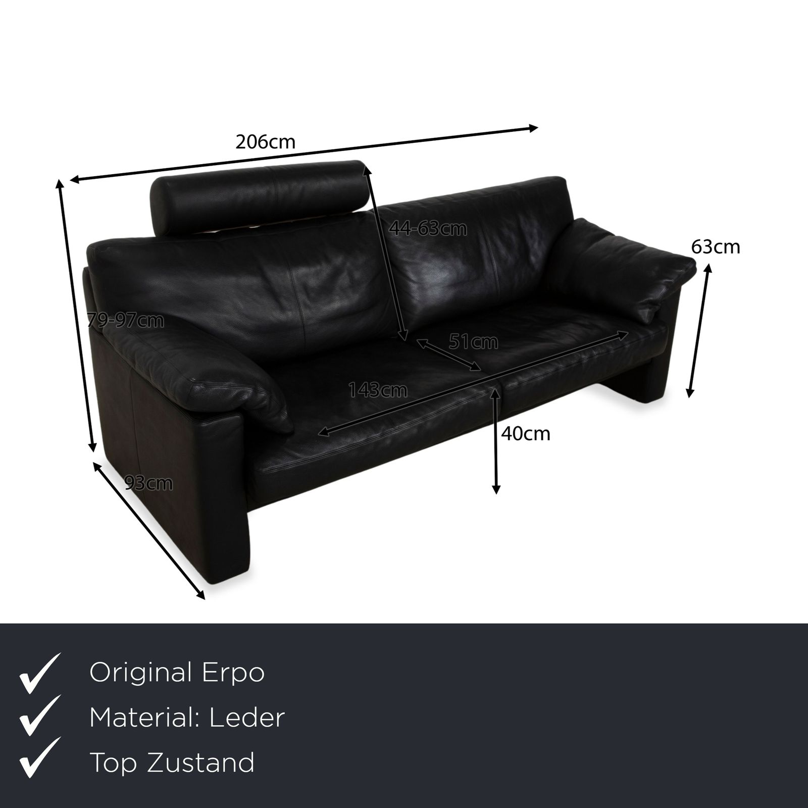 Canapé 2 places Erpo CL 300 en cuir noir photo furniture