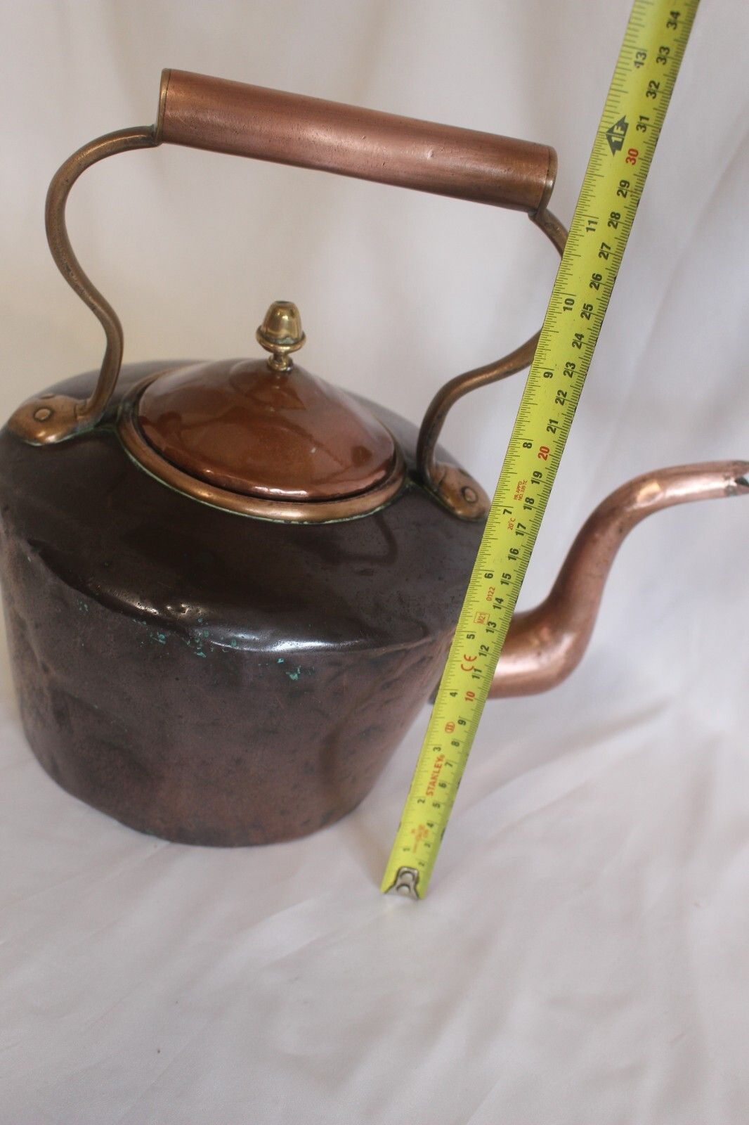 77.0 Beautiful Antique Copper Kettle 5 Pint Victorian Kettle Wt Dovetail Seam Brass photo