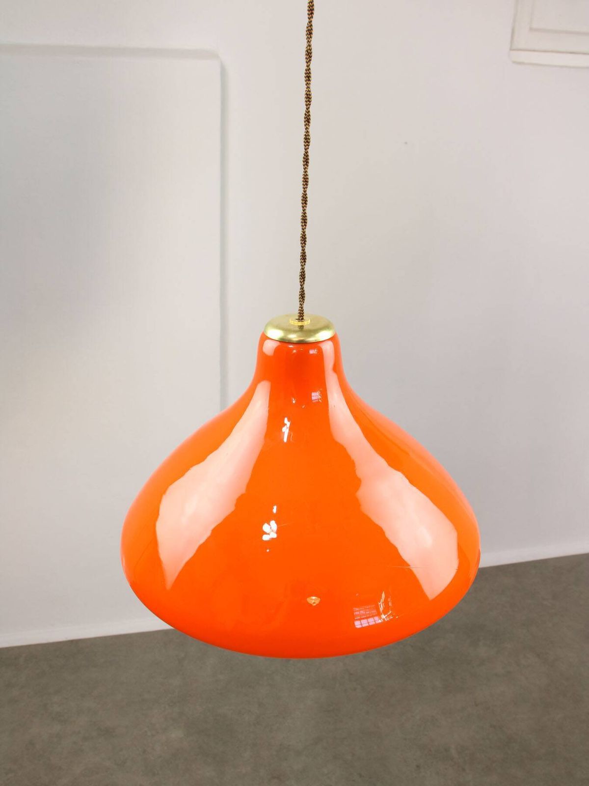 Mid Century Italian Orange Glass And Brass Pendant Lamp photo Lighting