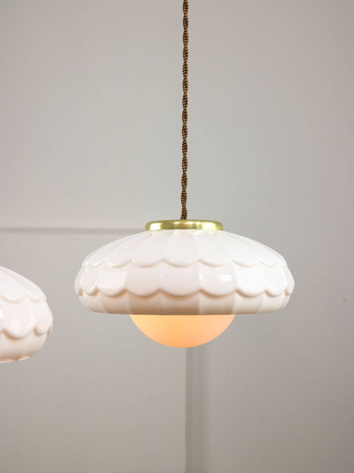 photo for sale Mid Century Italian Ceramic And Brass Pendant Lamps Set Of 2