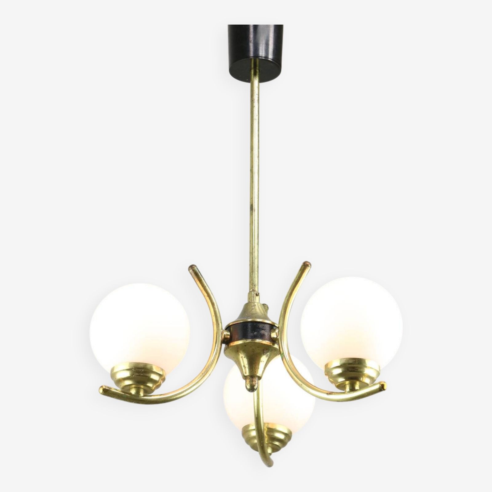 Mid Century Italian Brass And Opaline Chandelier