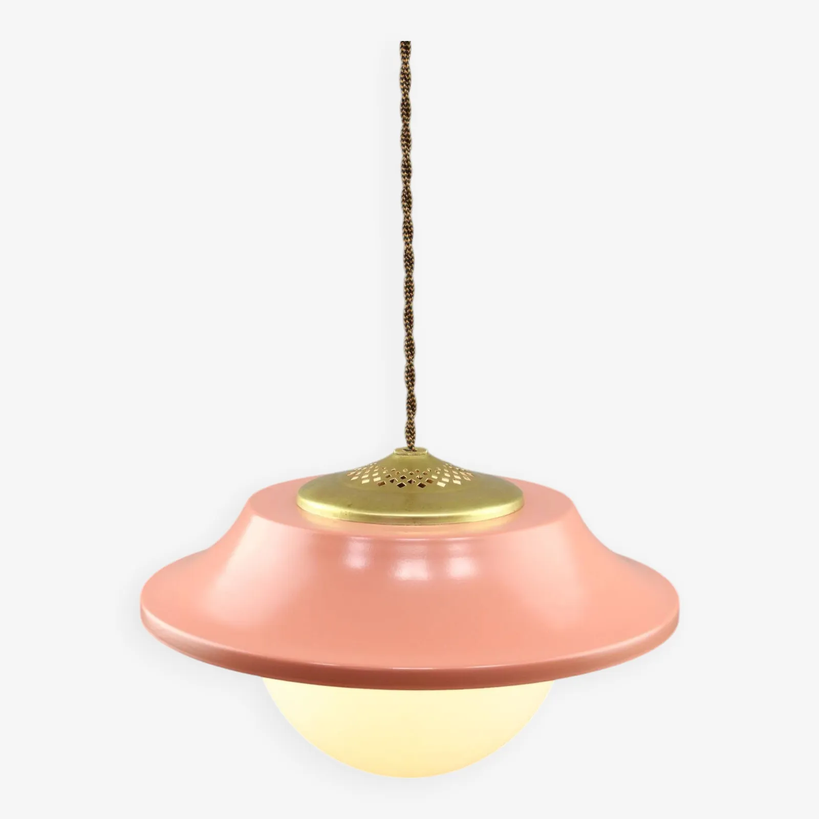 Mid Century Italian Pink Metal And Brass Pendant Lamp