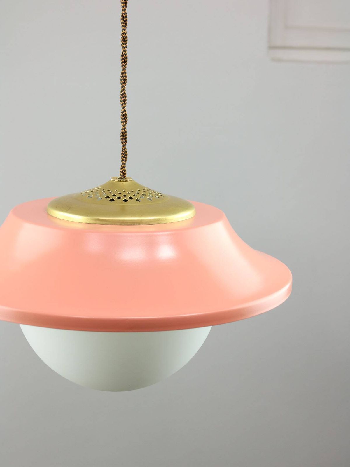 Mid Century Italian Pink Metal And Brass Pendant Lamp photo vintage