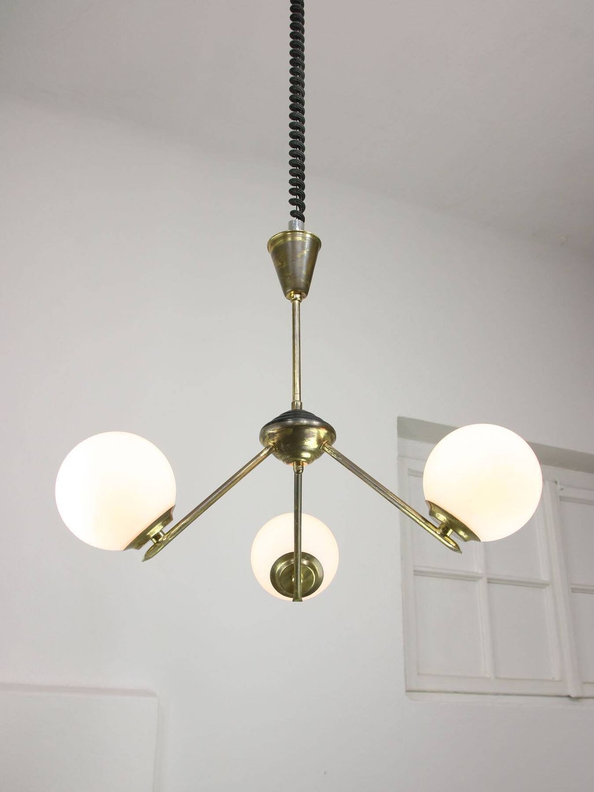 Art Deco Italian Brass And Opaline Chandelier photo vinterior