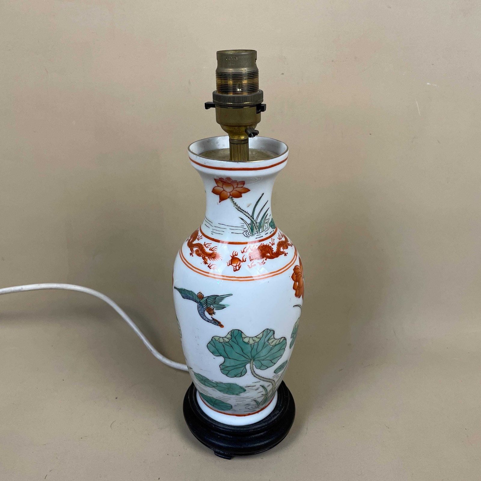 Vintage Ceramic Lamp Light Bedside Table Hand Painted Floral Lily Pad Design Pattern Wood Base Oriental Chinese Vase White Antique Brass photo furniture