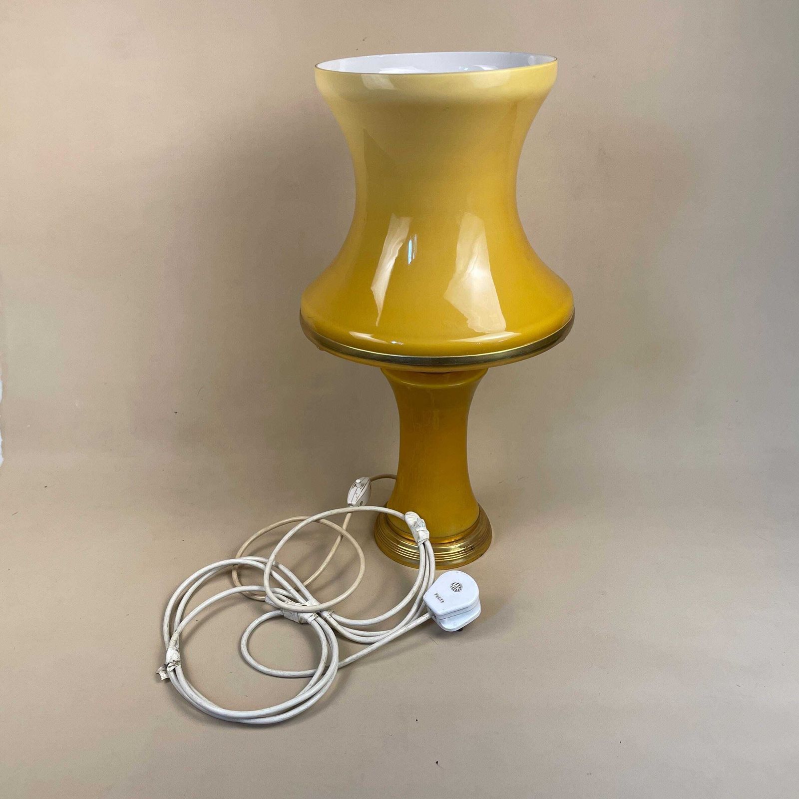 photo for sale Vintage Mushroom Lamp Yellow All Glass Light Bedside Table Desk Brass Metal Gold Antique Medium Interior Design Retro Art Deco