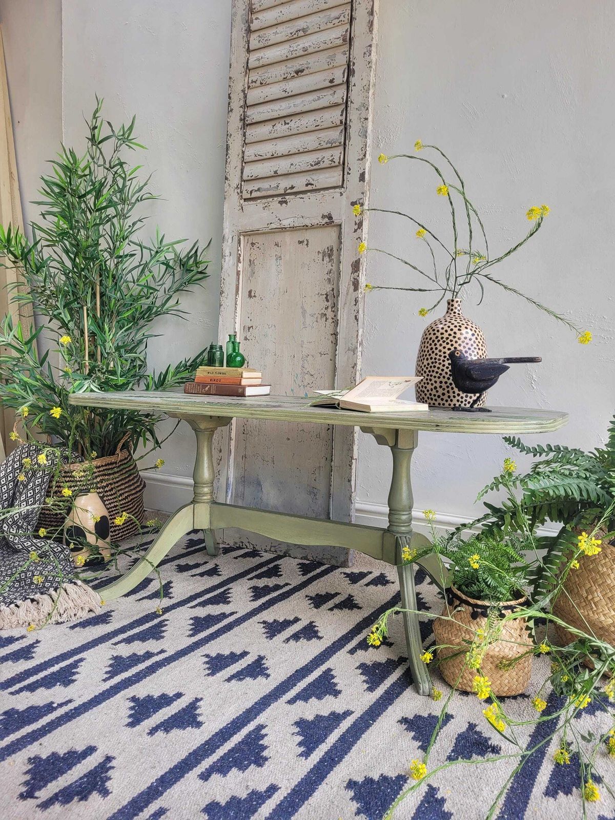 Green Coffee Table  Hand Painted   Country   Farmhouse   Botanical   Occasional Table   Side Table  Fern Print photo for sale
