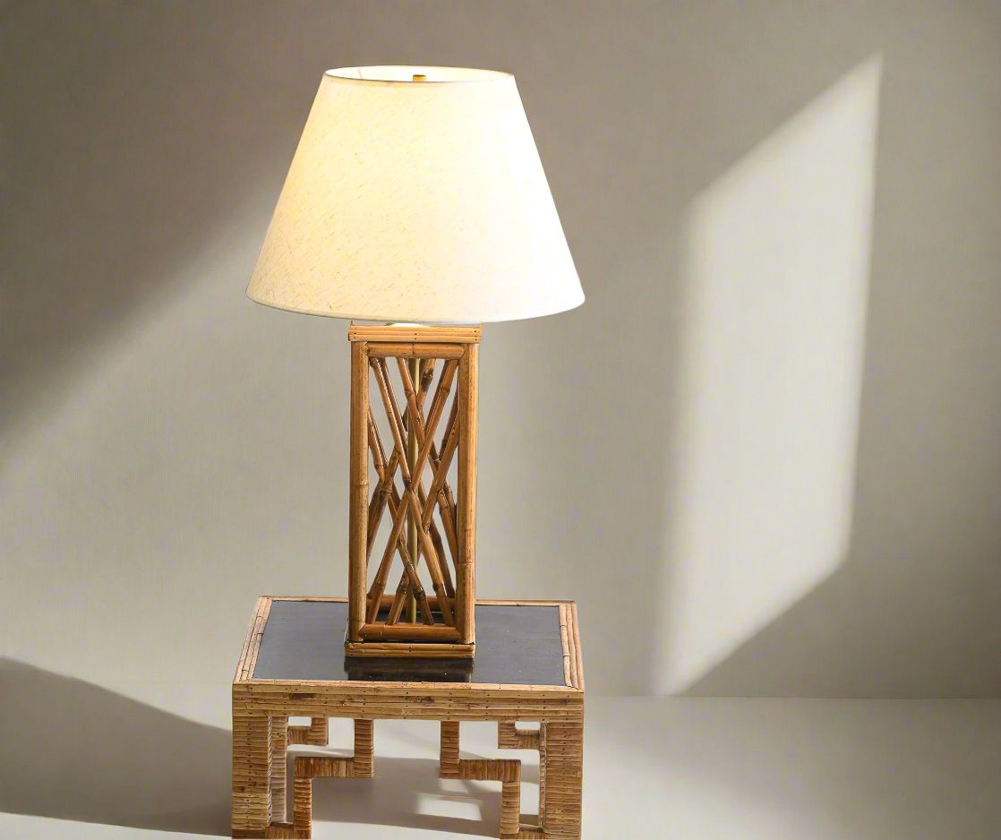 Chippendale Style Lattice Rattan Bamboo Table Lamp photo Lighting