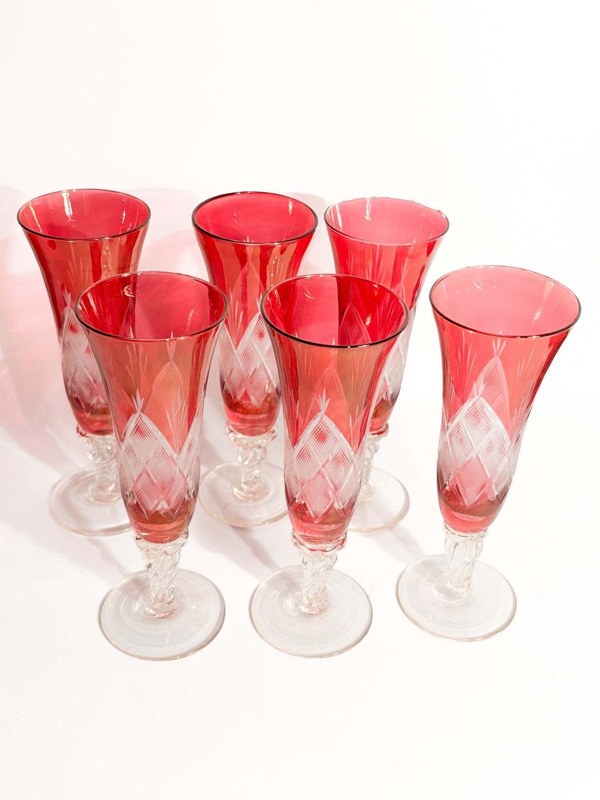 Set Of 6 Red Bohemian Crystal Flute Glasses From The 70s photo furniture