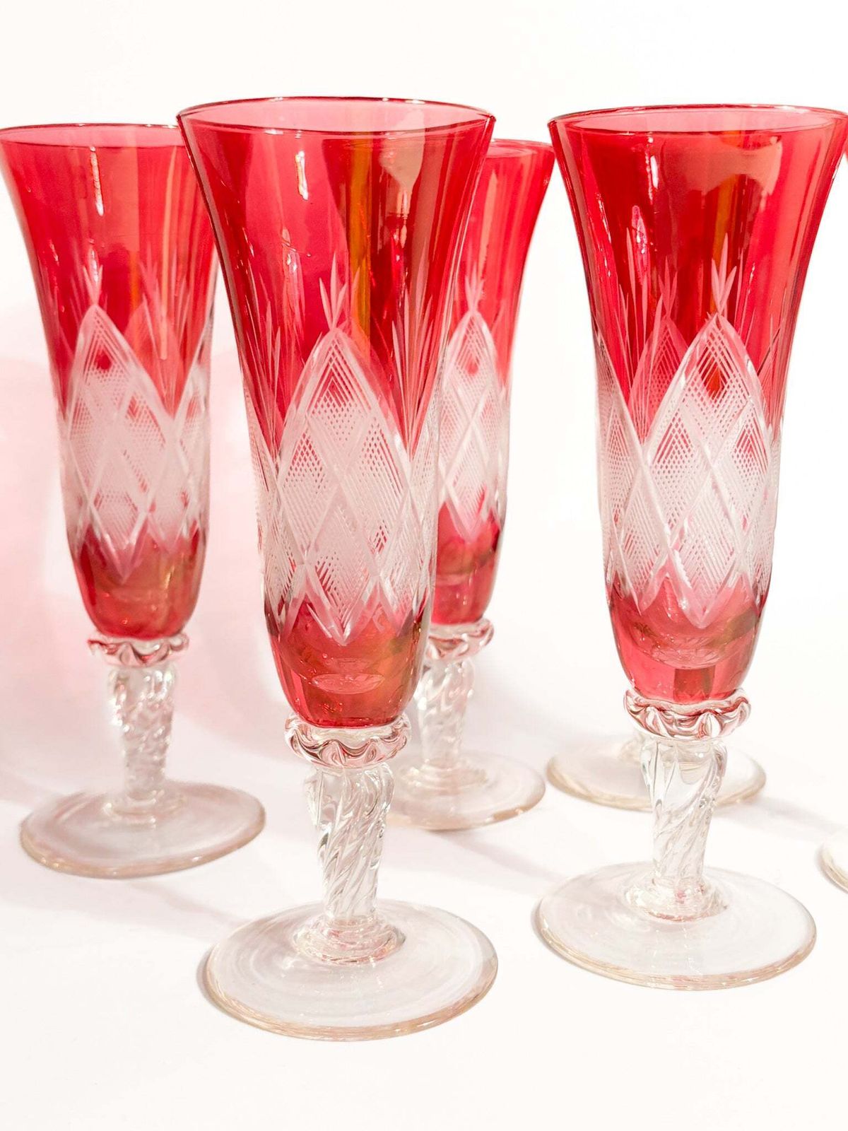 Set Of 6 Red Bohemian Crystal Flute Glasses From The 70s photo vinterior
