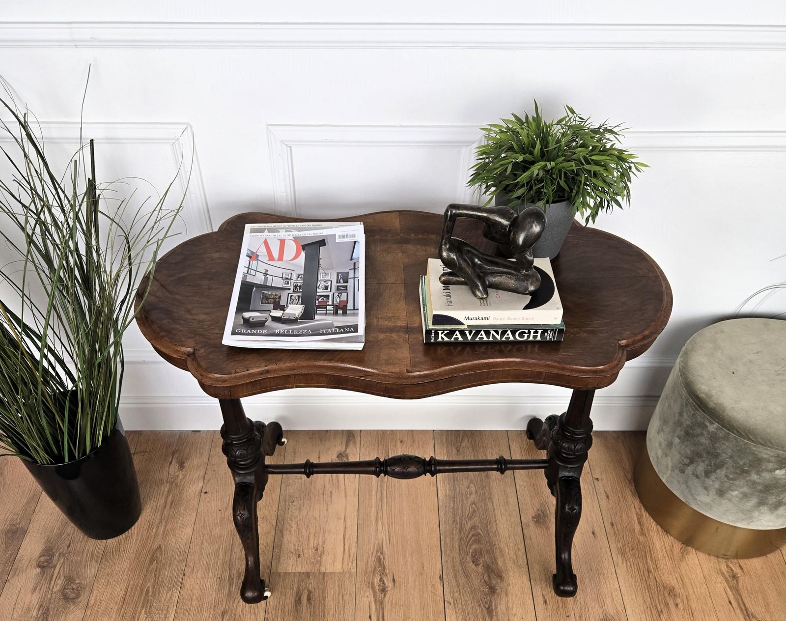 Neoclassical Italian Burl Walnut Wood Coffee Side Table Cart photo vinterior
