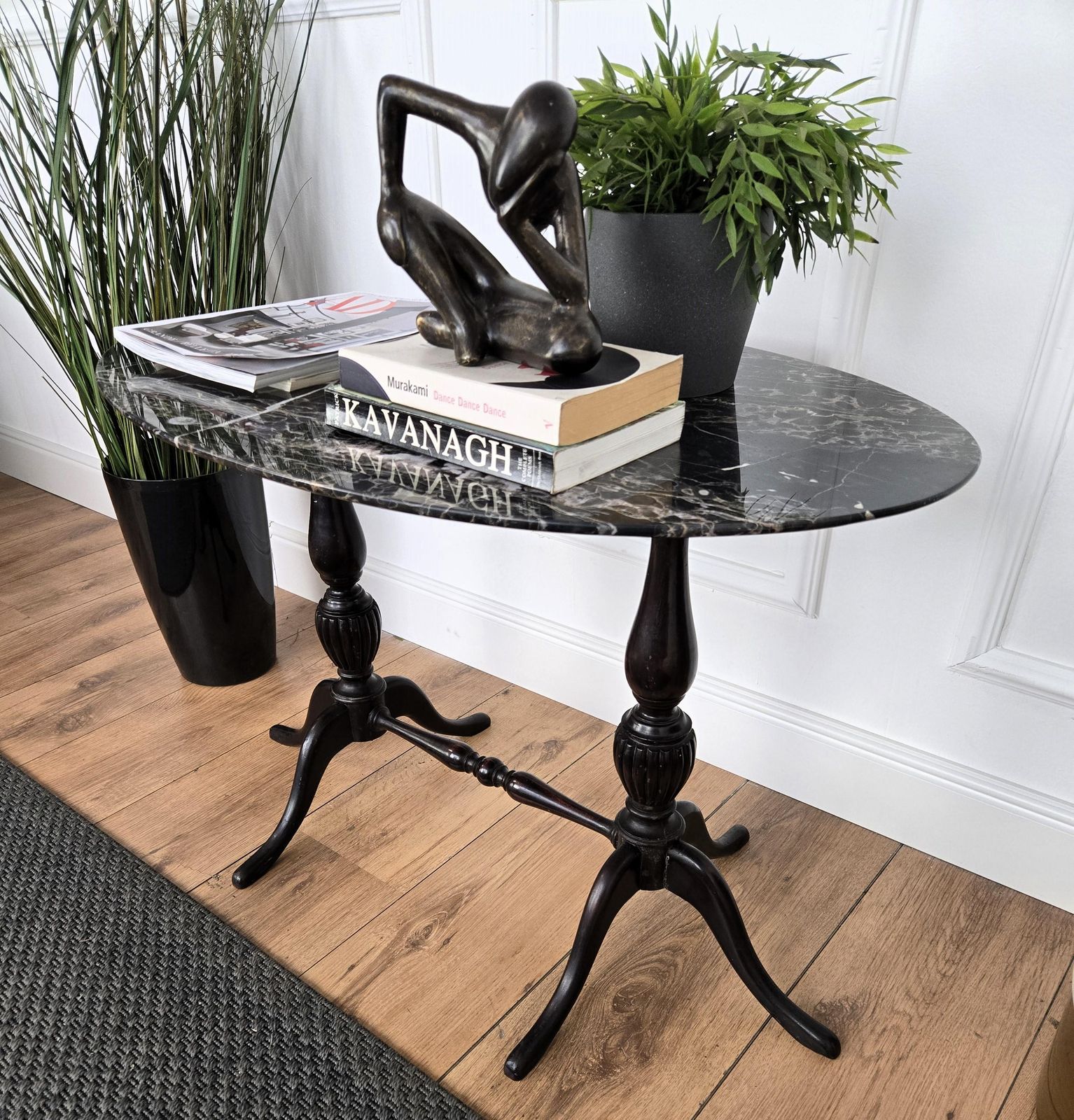 Italian Carved Walnut Side Coffee Table With Oval Portoro Marble Top photo Furniture
