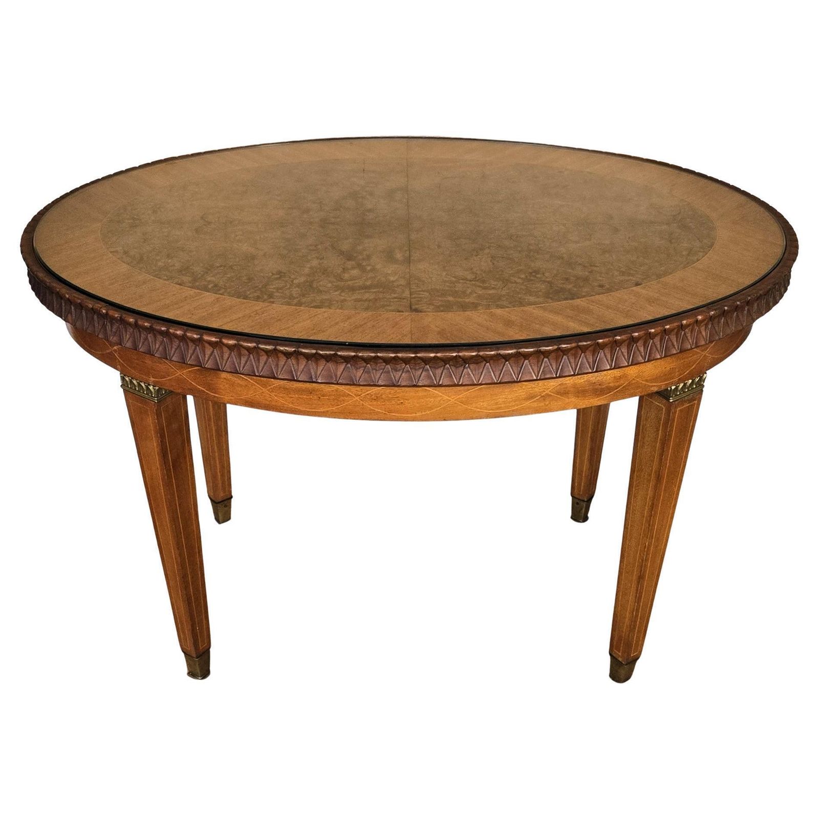 Neoclassical Italian Walnut Burl Wood Inlay Glass Top Coffee Sofa Or Side Table