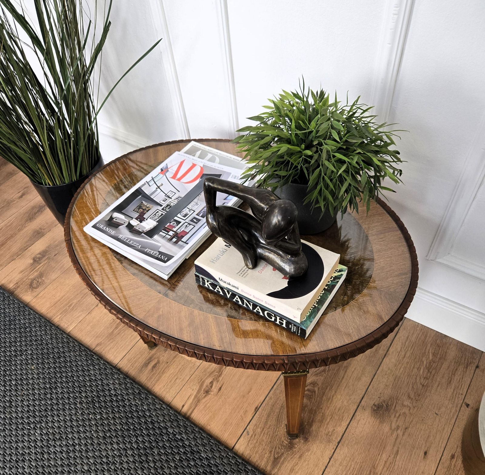 Neoclassical Italian Walnut Burl Wood Inlay Glass Top Coffee Sofa Or Side Table photo for sale