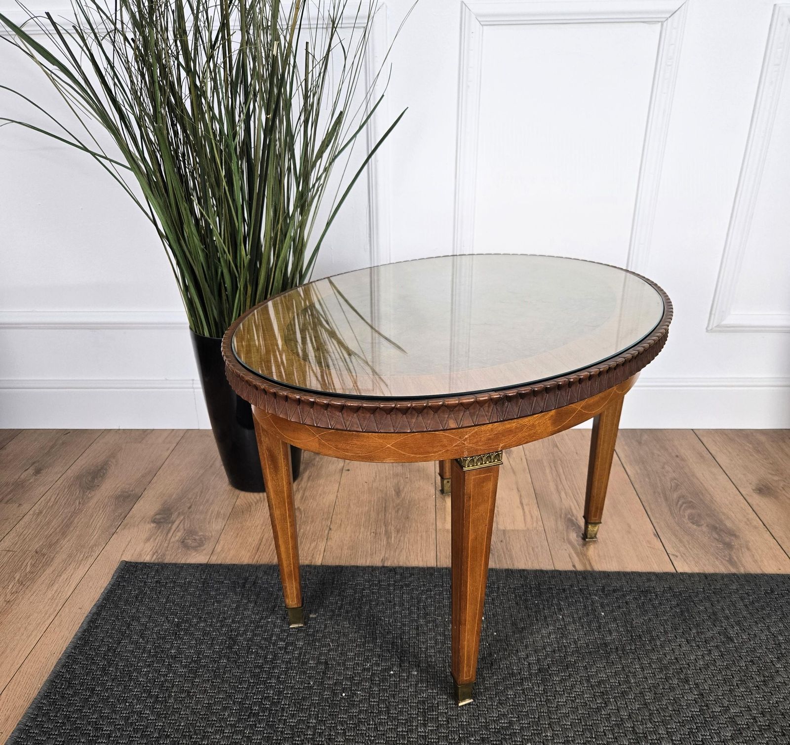 Neoclassical Italian Walnut Burl Wood Inlay Glass Top Coffee Sofa Or Side Table photo vinterior