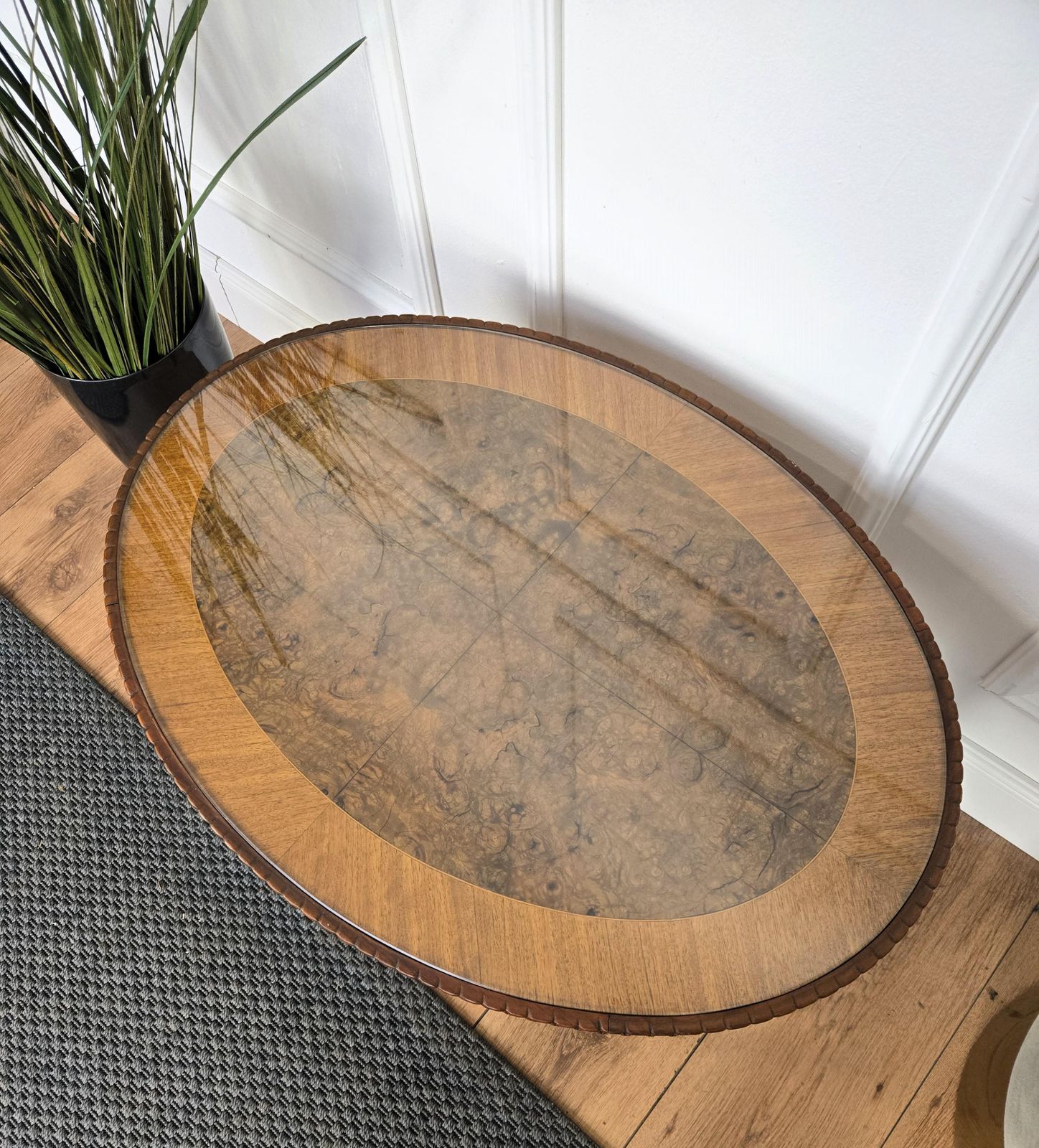 Neoclassical Italian Walnut Burl Wood Inlay Glass Top Coffee Sofa Or Side Table photo buy
